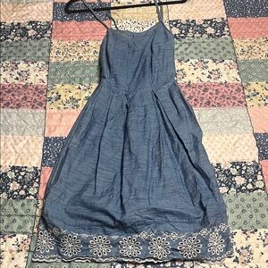 SO Blue Chambray Midi Dress with Embroidered Hem